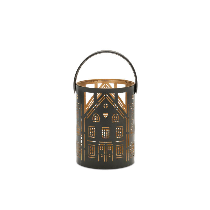 Lanterne de maison en métal perforé, H 6,75 po x l 5 po x P 5 po, Noir