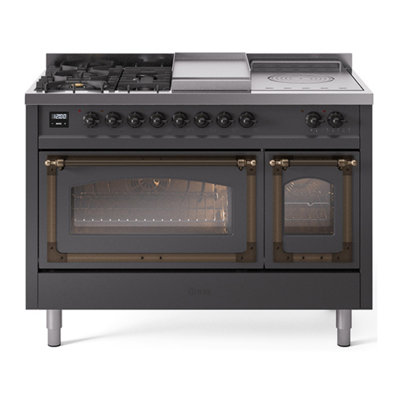 ILVE Nostalgie II Noblesse 48 inch Dual Fuel Range (5 Sealed Burners + Griddle + French Top, Triple Glass Door)