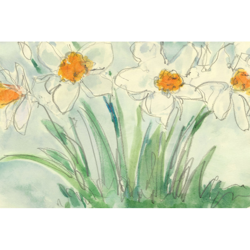 «Daffodils Orange and White II» par Samuel Dixon - peinture sur toile tendue, H 32 po x l 48 po