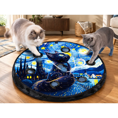 Rechargeable Hide-and-Seek Cat Toy for Indoor Cats with a Motion-Activated Automatic Ball and 7-Hole Maze Mat Pouch, Exercise Game in Starry Night Design