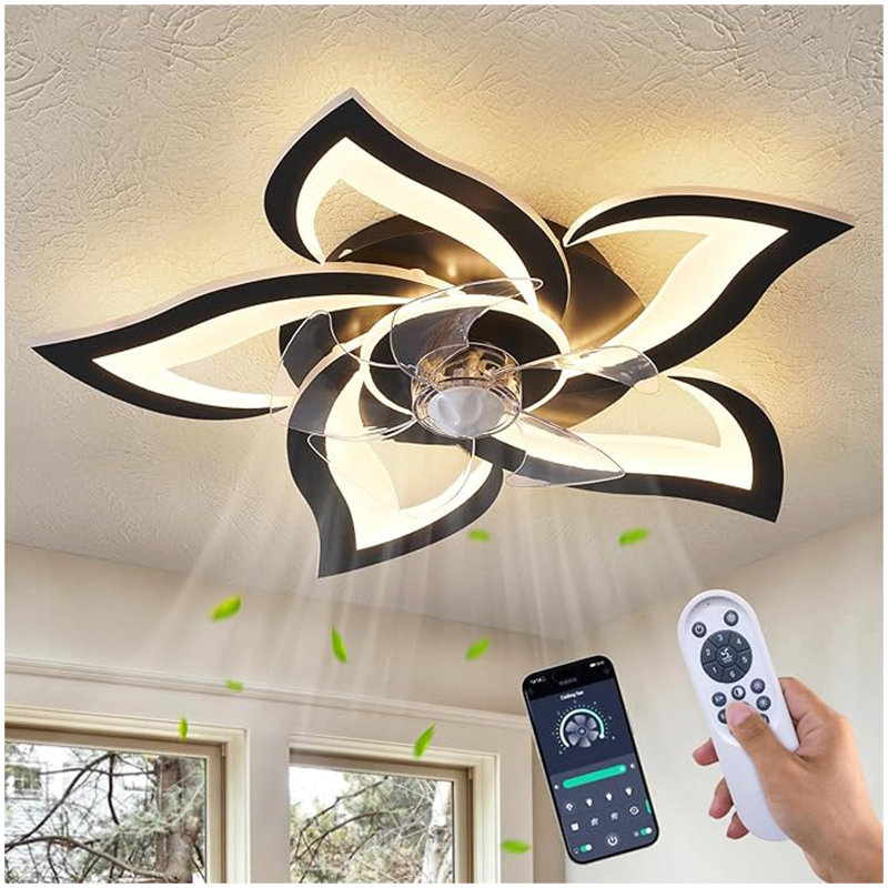 Ventilateur de plafond à 5 pales 5 lumières avec télécommande, 24 po noir, 6 vitesses, 3 lumières encastrées à profil bas pour cuisine