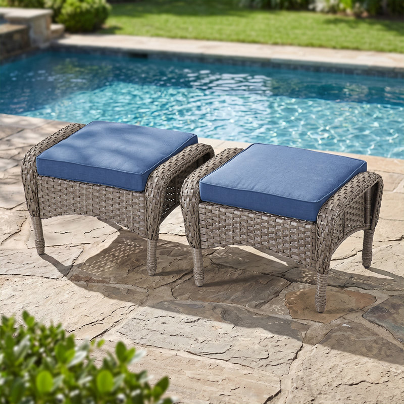 Repose-pieds d'extérieur en osier avec coussin Gaetanino, Bleu, Gris