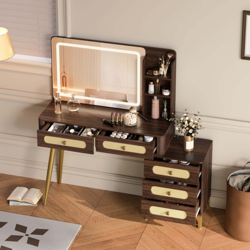 Coiffeuse de maquillage rétro avec miroir et lumières, coiffeuse de maquillage avec 5 tiroirs et tablette de rangement, conception de tiroir en rotin, 3 modes de couleur et coiffeuse à luminosité réglable