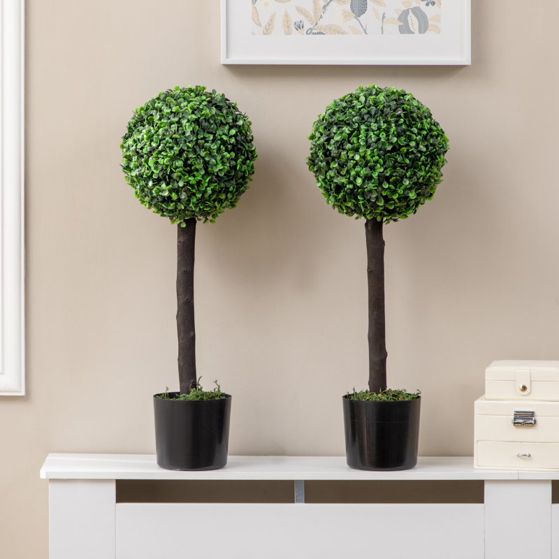 HOMCOM Set of 2 Potted Artificial Plants Boxwood Ball Trees Indoor Outdoor, 60cm