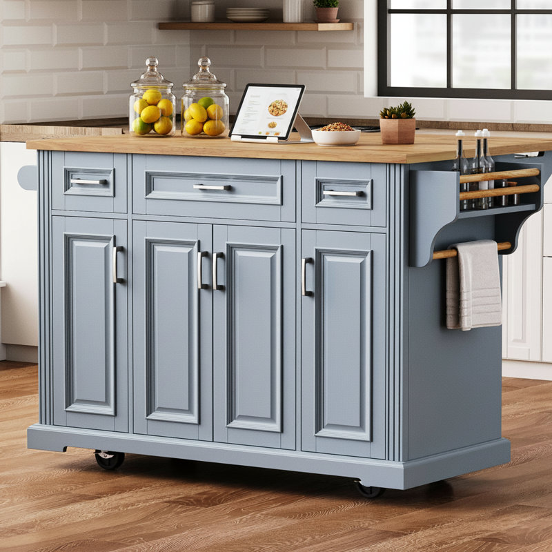 54.2-Inch Large Kitchen Island, Rubberwood Folding Countertop, Embossed Texture, 4-Wheel Movement, 4 Doors, 3 Drawers, Storage, Suitable For Kitchen And Dining Area, Gray-Blue.