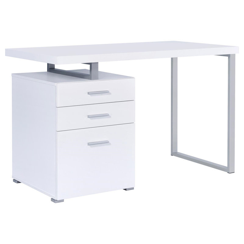 White 3-Drawer Reversible Office Desk, White/Silver