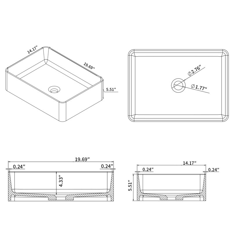 Lavabo vasque de salle de bain en quartz - gris mat, 20,1 po x 14,4 po x 4,8 po, résistance aux dommages, pierre grise luxueuse, longueur 20,1 po x largeur 14,4 po, hauteur 4,8 po, bonde escamotable incluse