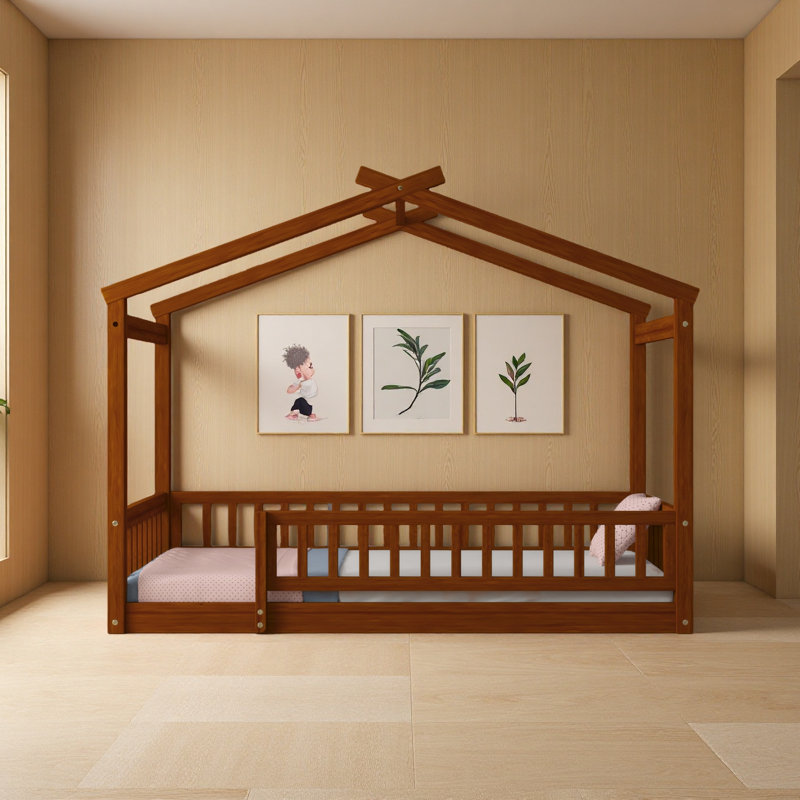 Wood Bed House Bed Frame With Fence, Walnut, Twin