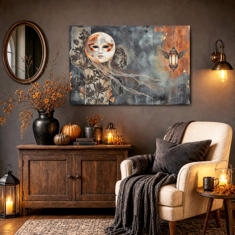Art mural sur toile, masque blanc et lanterne ailée en texture cuivre, 20"H x 30"W