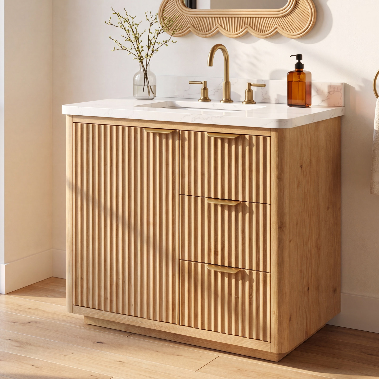 Adela 36'' Single Bathroom Vanity, White, Gold, Brown