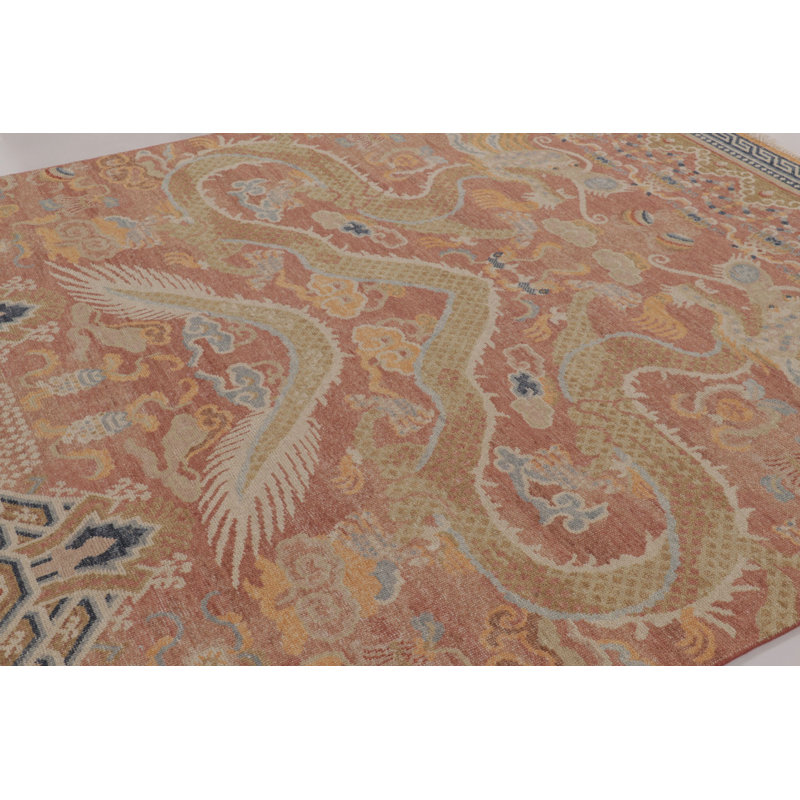 Distressed Homage Hand Knotted Wool Area Rug in Orange, Gold, Blue