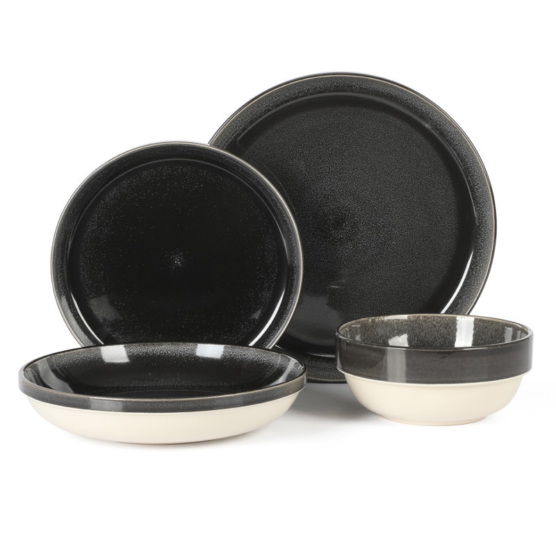 SKE Banquette Glossy Black Ceramic 16-Piece Dinnerware Set