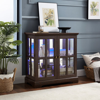 Stylish Storage Cabinet With Adjustable Shelves, Led Lights, Antique Finish For Dining Room Display Finish, Lights Home Decoration