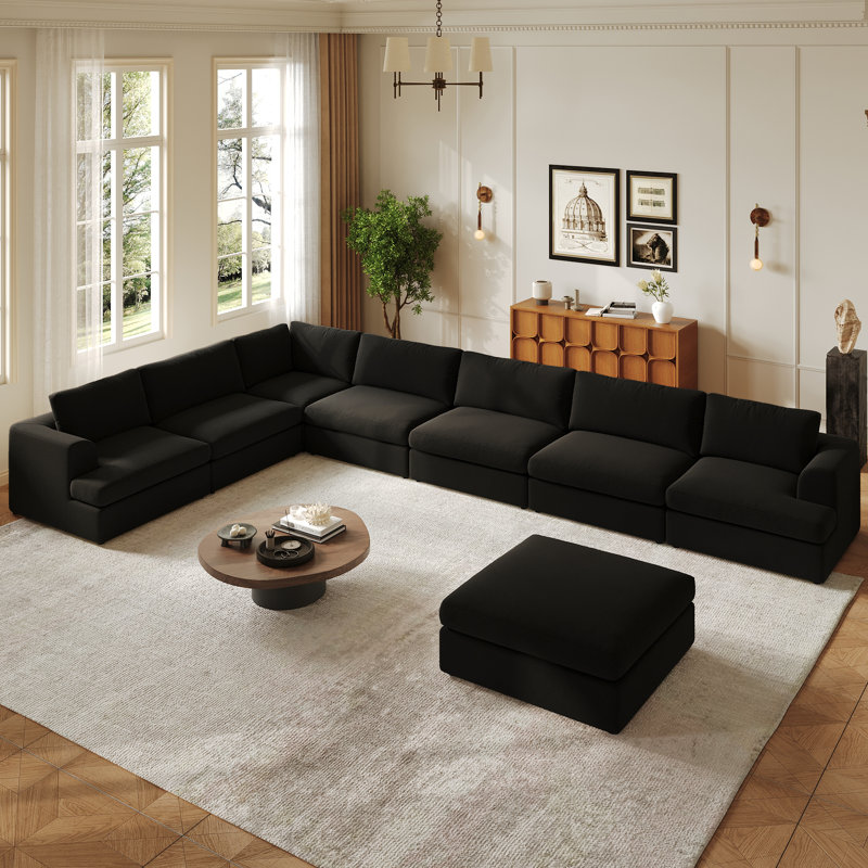 8-Piece Boucle Fabric Corner Sectional Sofa With Ottomans, Noir