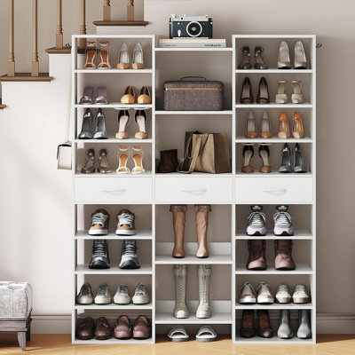 Grand étagère à chaussures à 9 niveaux avec tiroirs en tissu, organisateur de rangement pour chaussures 44 paires avec 21 casiers ouverts, armoire à chaussures moderne en bois pour vestibule, couloir et garde-robe