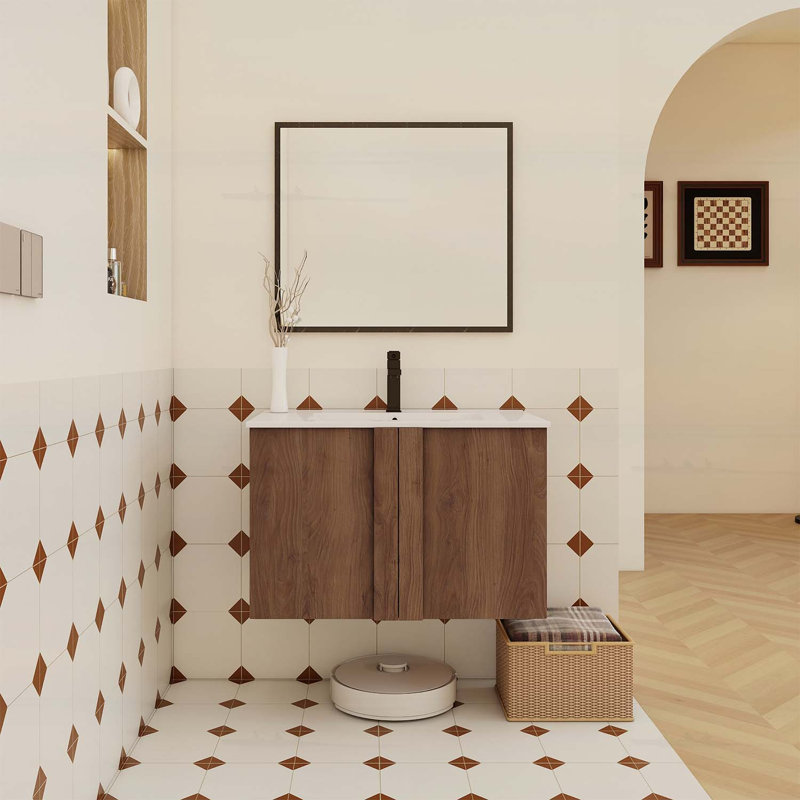 Floating Bathroom Vanity with Sink,Soft-Close Doors,and Spacious Storage, Brown Ebony/Glossy White