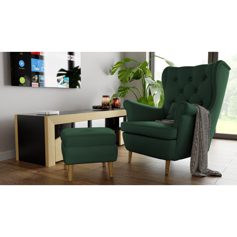 Lattingtown Wingback Chair with Footstool, Green Velvet