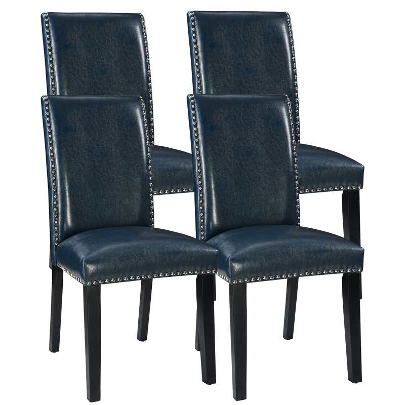 LUMERA Collection Parsons Dining Chairs Set of 4, Upholstered Faux Leather Side Chairs with Nailhead Trim and Solid Wood Legs, Blue