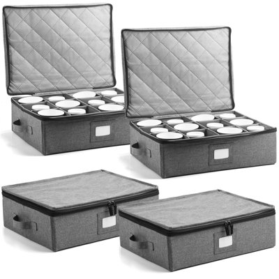 4 Pcs Cup And Mug Storage Box Stemware Storage Cases Containers Holds 12 Coffee Mug And Tea Cup,Grey