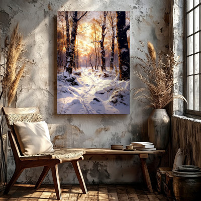 Snowy Forest Path Winter Landscape Birch Trees Sunset Home Home, reproduction d'art sur toile, paysage naturel, œuvre pour le salon, chambre, bureau, couloir, galerie, décoration murale