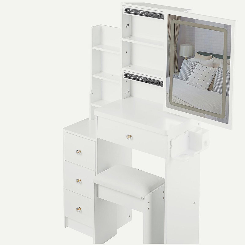 Petite coiffeuse 29,2 po avec tabouret de chevet gauche + tabouret rembourré, 2 blocs d'alimentation CA + 2 ports USB, support pour séchoir à cheveux, très grand miroir à DEL coulissant à commande tactile, changement de luminosité tricolore, réglage de la luminosité