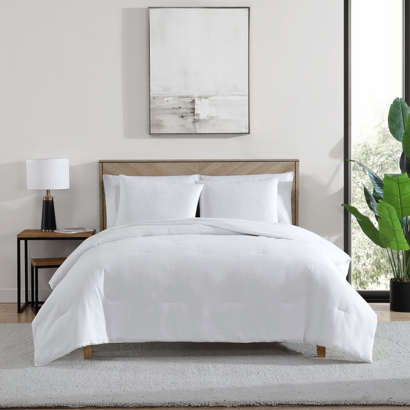 Queen White Cotton Blend Waffle Comforter Set
