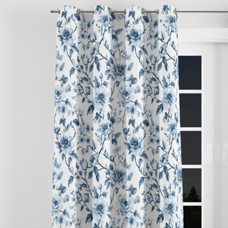 French Country Room Darkening Curtains - Blue Boid Velvet Grommet Curtain - 1 Panel, 52" W x 120" L, Gold Grommets
