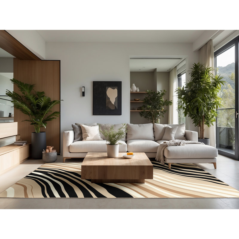 Tapis doux et moelleux à rayures modernes et contemporaines Adlai - reliure beige, 7x9