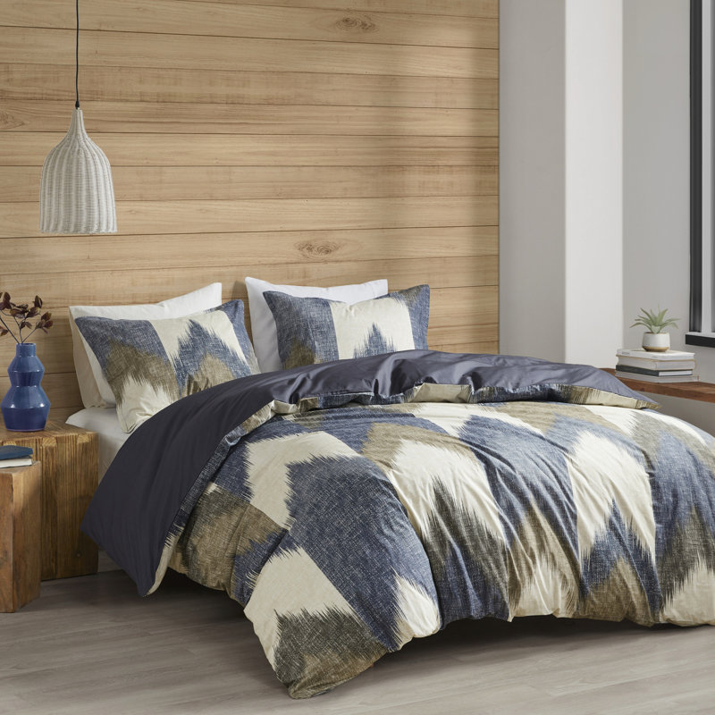 Housse de couette en coton pour lit très grand / très petit - impression et qualité 3 pièces avec classe, Marine