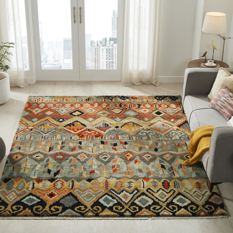 Artisan Hand Knotted Wool Southwestern Area Rug in Steel Blue; Earth; Ivory; Rust, Runner 2'6" x 8'