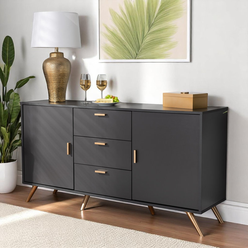 Vale 2-Door Sideboard Buffet in Dark Grey and Gold Finished Wood, 30.21" H X 58.59" W X 15.58" D