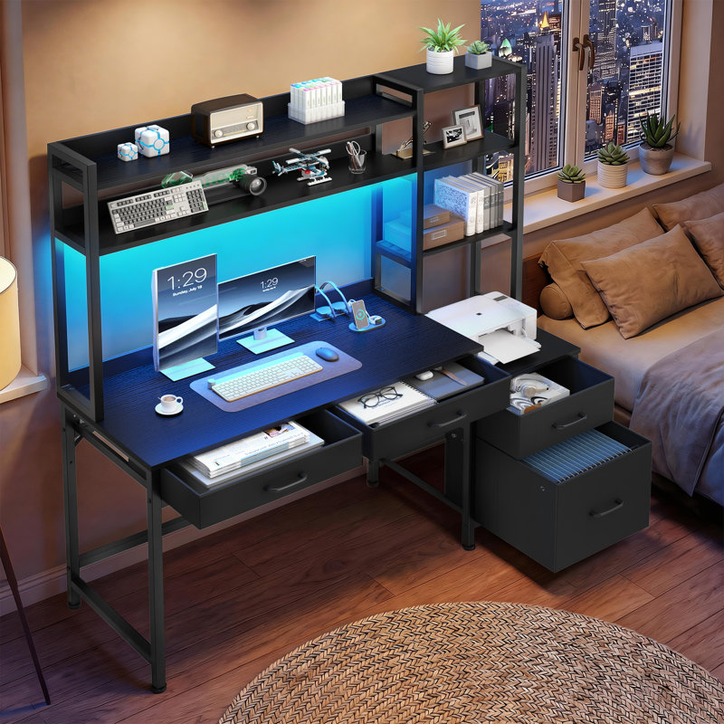 MDF Iron Computer Desk with Built-In Electrical Outlet, 150cm H x 128cm W x 50cm D, Black