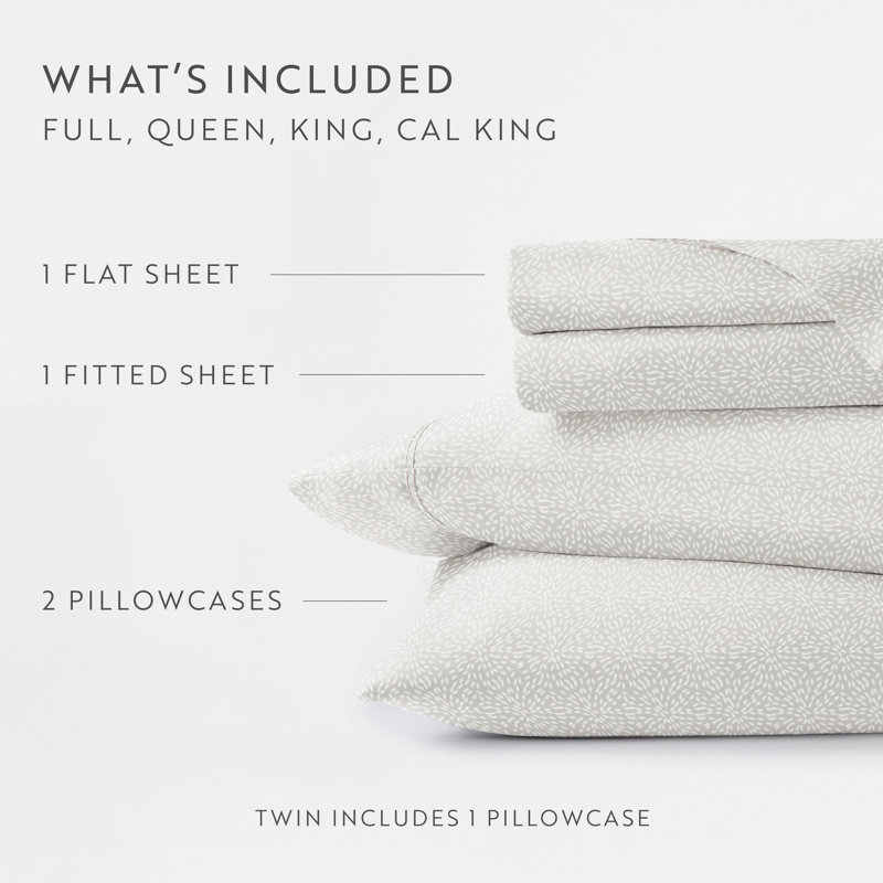 4 Piece Delicate Details Pattern Sheet Set, Cal.King Sheet Set with 2 King Pillowcase, Light Gray Floral