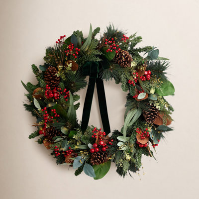 Magnolia Leaf, Eucalyptus, and Berry 28in Wreath, Pre-Lit with 35 LED Fairy Lights B/O