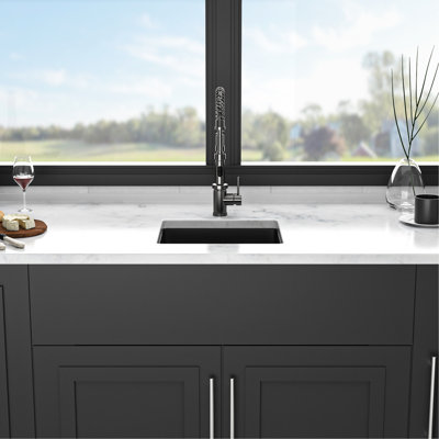17.36"X16.09" Undermount Black Quartz Kitchen Sink - Made Of Superior Composite, Quiet Operation, Smooth Surface Keeps Dirt Away, Standard Drain, Package With And Installation Guide Granite Composite
