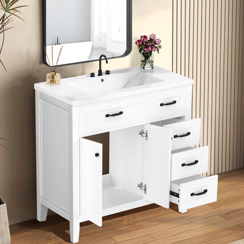 Meuble-lavabo 36 po avec lavabo en céramique, armoire de salle de bain avec tiroirs et armoire, Blanc