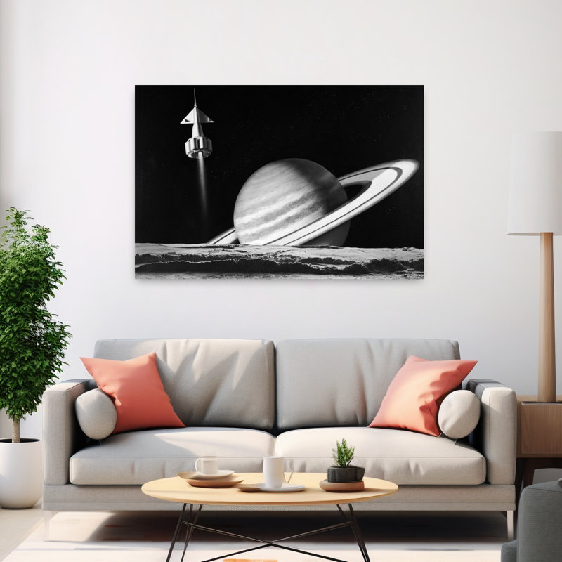 Fusée de l'espace des années 1960 survolant Saturne avec la surface d'une autre planète au premier plan, art mural rétro classique rétro