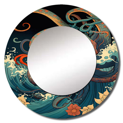 Parhm Japanese Landscape With Octopus V - Japan Decorative Mirror, Blue Round Wall Mirror, Printed Metal Art