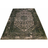 Tapis oriental ivoire / vert en laine noué à la main de 8 pi x 11 pi Dixon