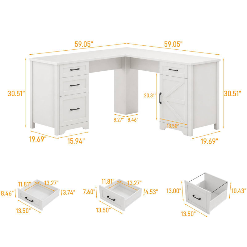 Bureau de direction en L 59 po avec prises de courant, White