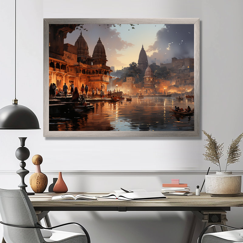Art indien indien beige et gris, art mural indien, H 12 po x l 20 po x P 1 po, Cadre simple argenté