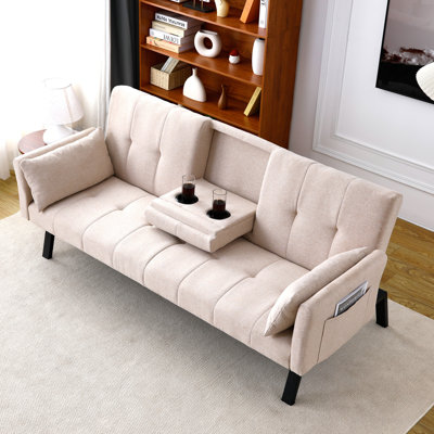 Canapé-lit pliable en coton et en lin de 70 pouces avec porte-gobelet et rangement latéral pour petits appartements
