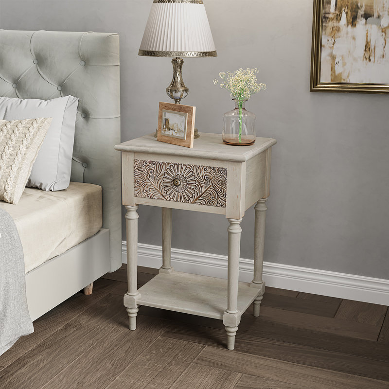  18" W Carved Round Nightstand with Single Drawer and Open Shelf, Individual