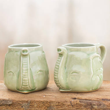 Celadon Ceramic Elephant Mug in Green from Thailand (10 oz