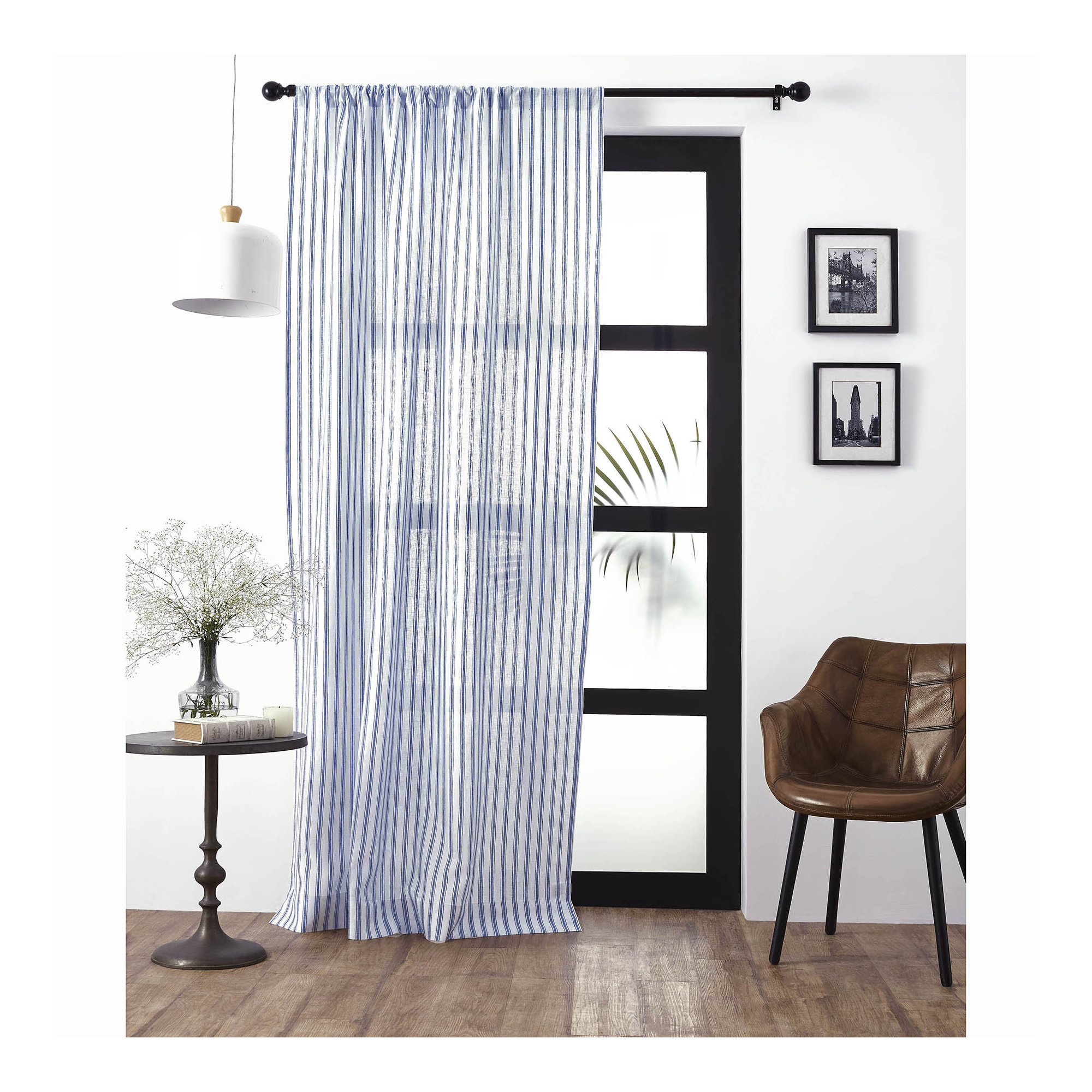 Capri Ticking Stripe - 100% Pure Linen Curtain, 52" W x 84" L, Navy and White