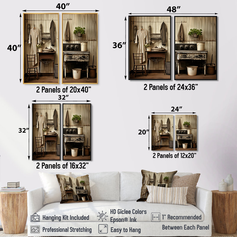«Farmhouse Laundry Charm III», art mural beige 2 panneaux, H 20 po x l 24 po, Toile tendue, Ne s’applique pas