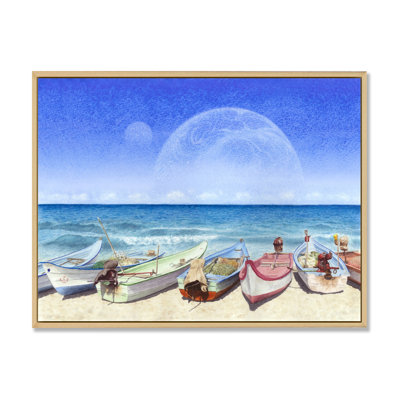 Bateaux sur la plage avec Supermoon - peinture sur toile