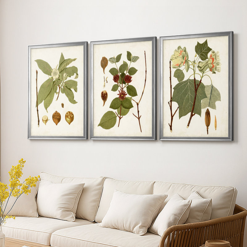 Antique Leaves I - Toile tendue avec châssis sur mesure - 3 pièces, Argent argent, 15" H x 19" W