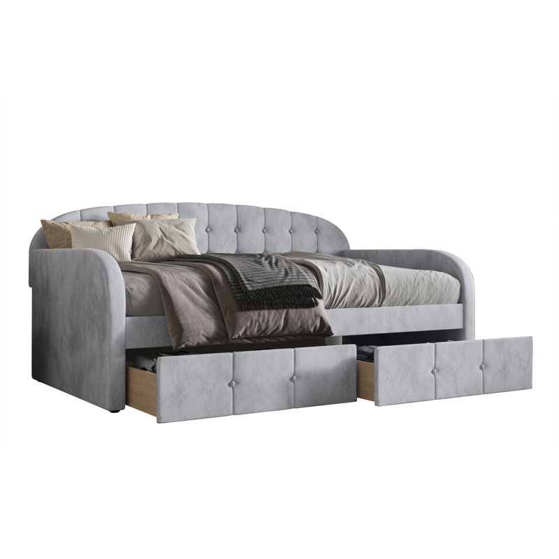 Caitronia Upholstered Daybed With Storage Drawers, Silver Gray