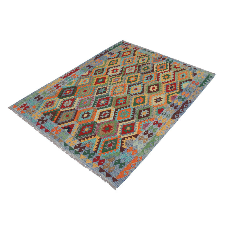 Tapis bleu / beige / rouge / rouge en laine noué à la main de 5 pi 8 po x 8 pi Cedorah